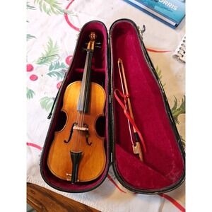 Vtg Miniature Toy Cello & Case Wooden Instrument Black Red Felt Lined Case 7"